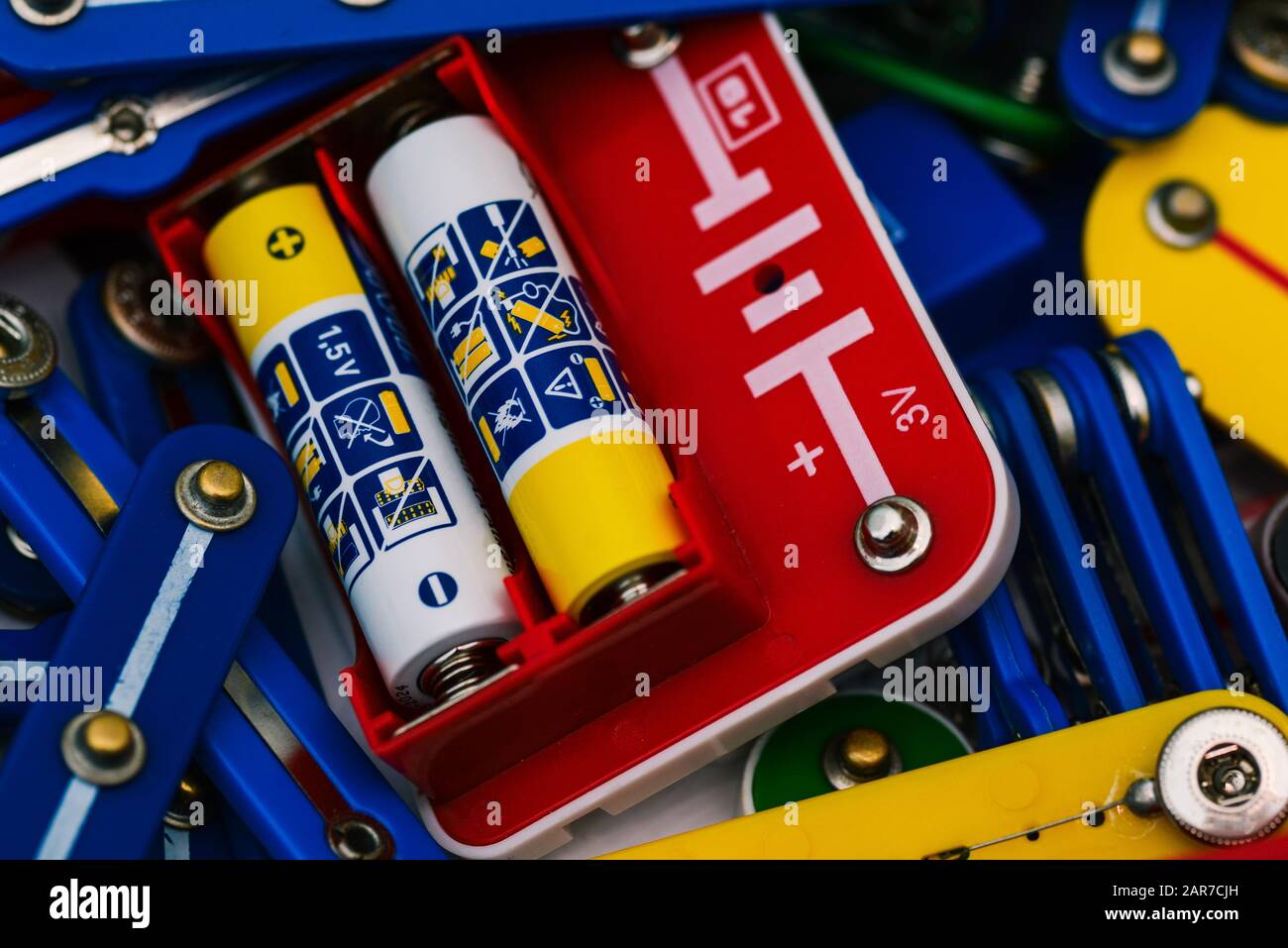 Microchip with batteries. Multicolored electronic circuits and