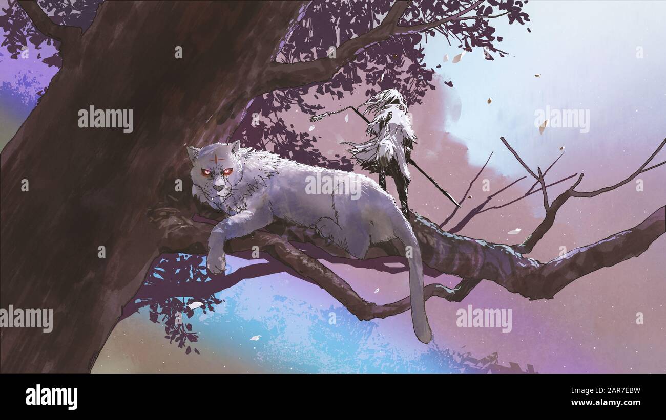 little girl with a magic spear standing near her tiger on a big tree, digital art style, illustration painting Stock Photo
