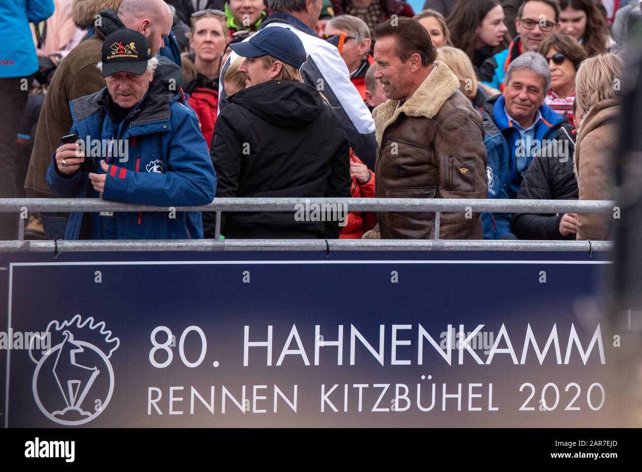 KITZBUEHEL, AUSTRIA - JANUARY 26: Arnold Alois Schwarzenegger at the Ski Alpin: 80. Hahnenkamm Race 2020 -  Audi FIS Alpine Ski World Cup - Men's Slalom at the Ganslern on January 26, 2020 in Kitzbuehel, AUSTRIA.(Horst Ettensberger/ESPA-Images) Stock Photo