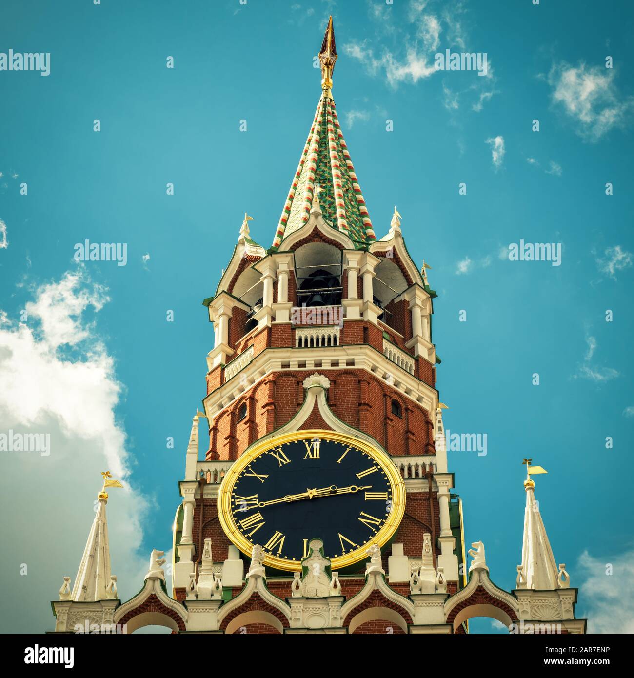 The Spasskaya tower of Moscow Kremlin, Russia. The Moscow Kremlin is the residence of the Russian president and the main tourist attraction of Moscow. Stock Photo