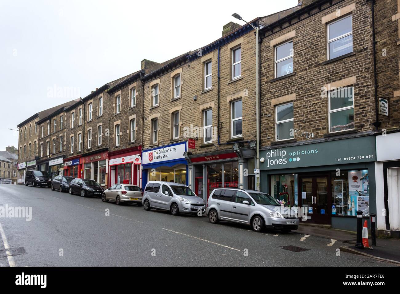 Shops and stores on Market street, Carnforth, Lancashire Stock Photo