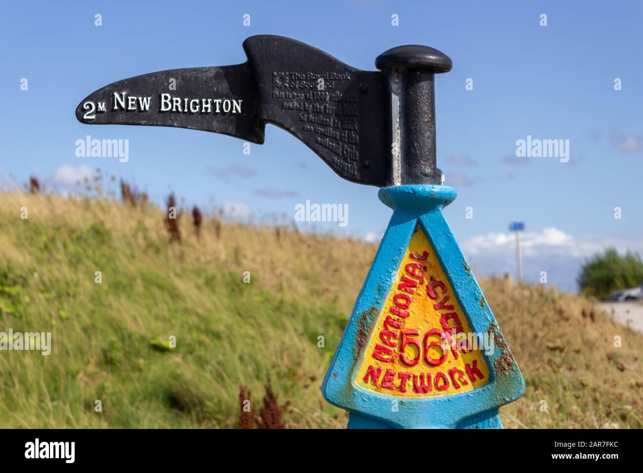 National cycle network signpost to New Brighton on Wirral coastal path, Wallasey Stock Photo