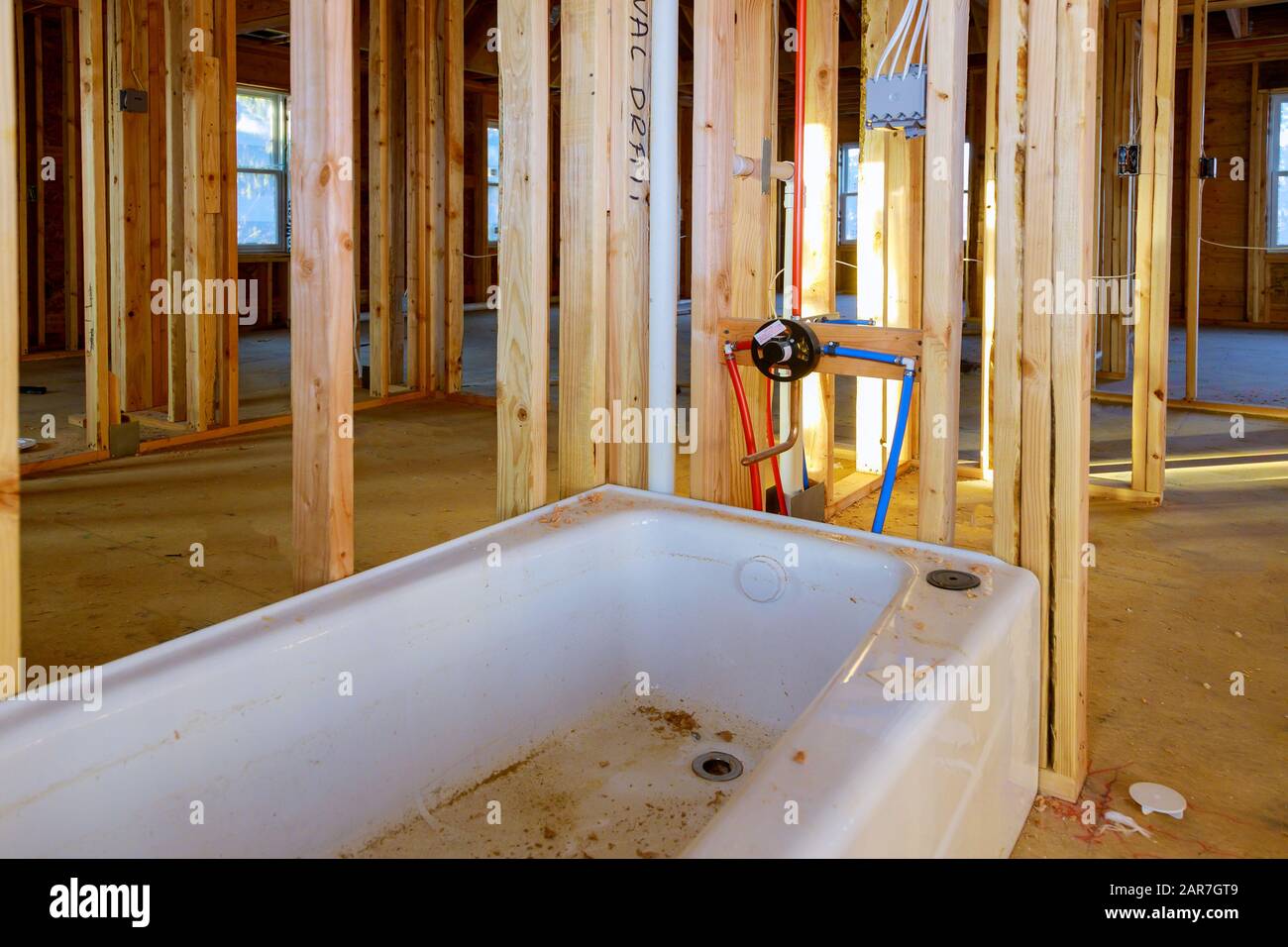 Construction work, water pipe pumping systems for bathroom PVC pipe connections Stock Photo