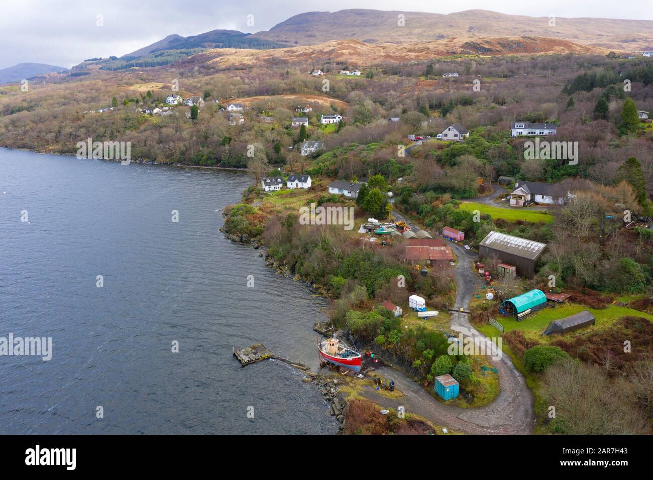 Aerial view of village of Portincaple on shore of Loch Long in Argyll and Bute, Scotland, UK Stock Photo