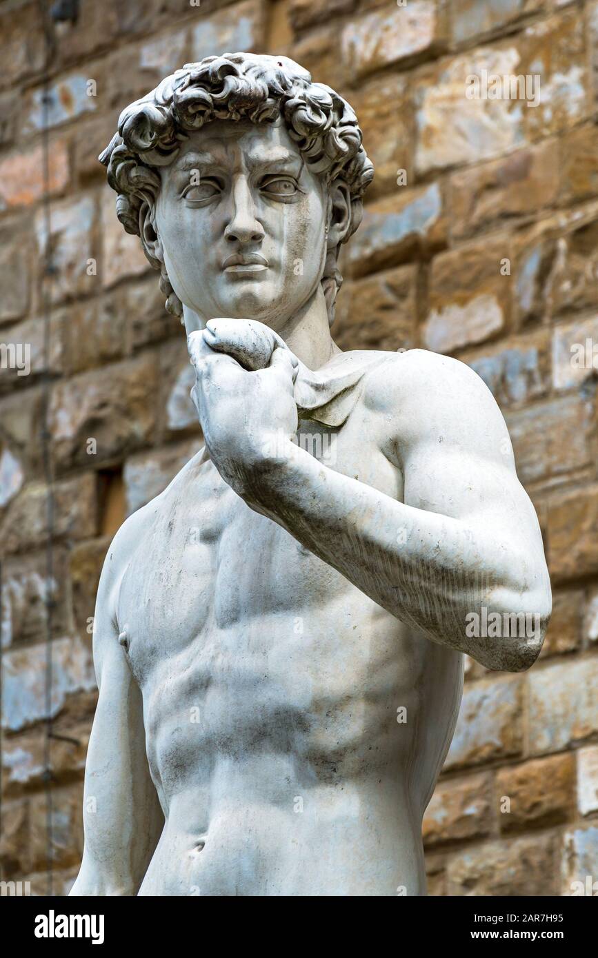 Statue of Michelangelo's David in front of the Palazzo Vecchio in Florence, Italy Stock Photo