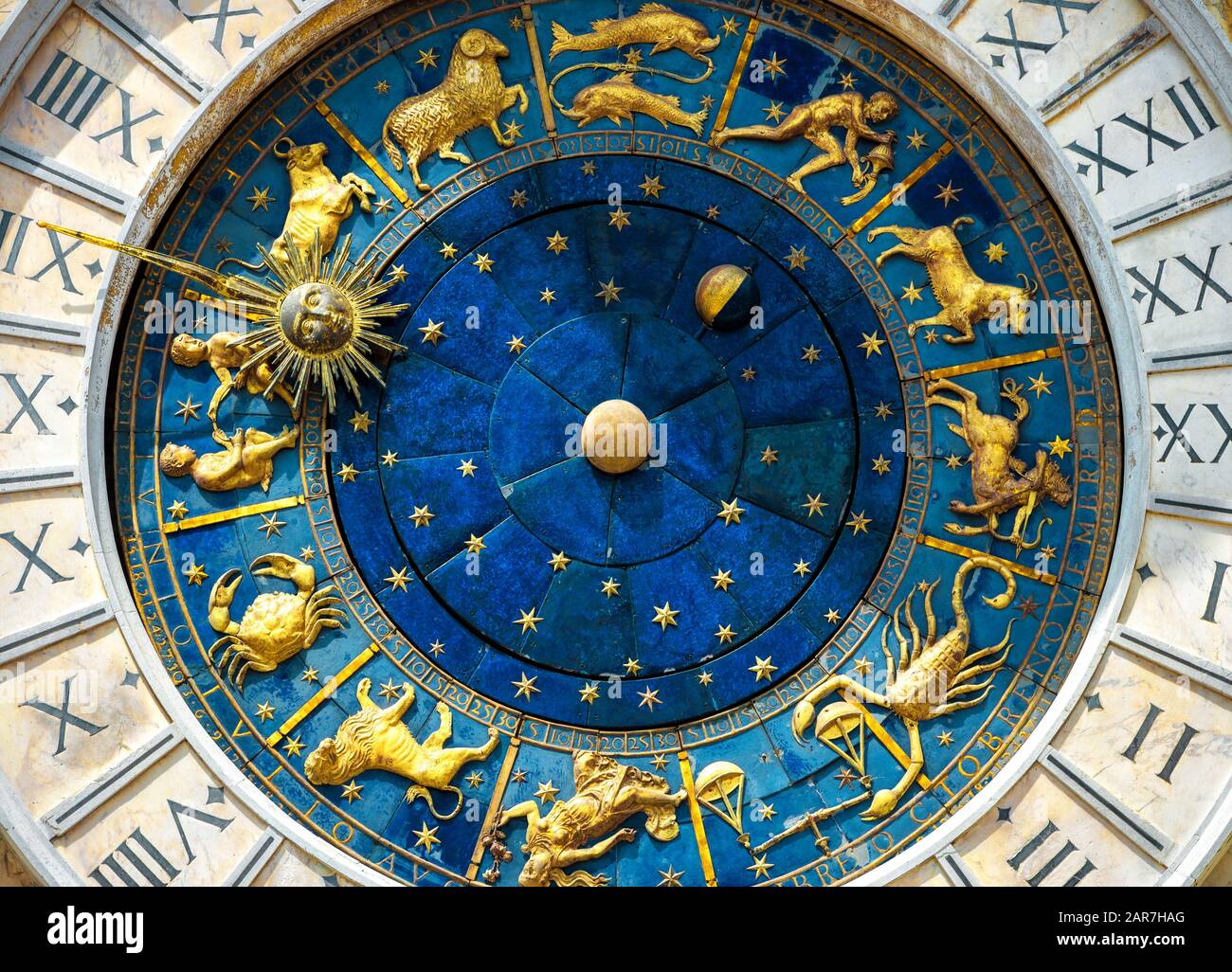 Ancient clock Torre dell'Orologio on St Mark's Square (San Marco) in  Venice. Detail with clock face and astrological Zodiac signs. Vintage dial  close Stock Photo - Alamy