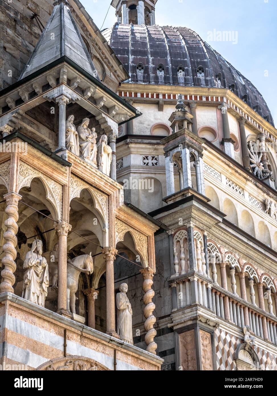 Basilica of Santa Maria Maggiore in Citta Alta, Bergamo, Italy. Historical architecture of Old town or Upper City in Bergamo in summer. Medieval churc Stock Photo