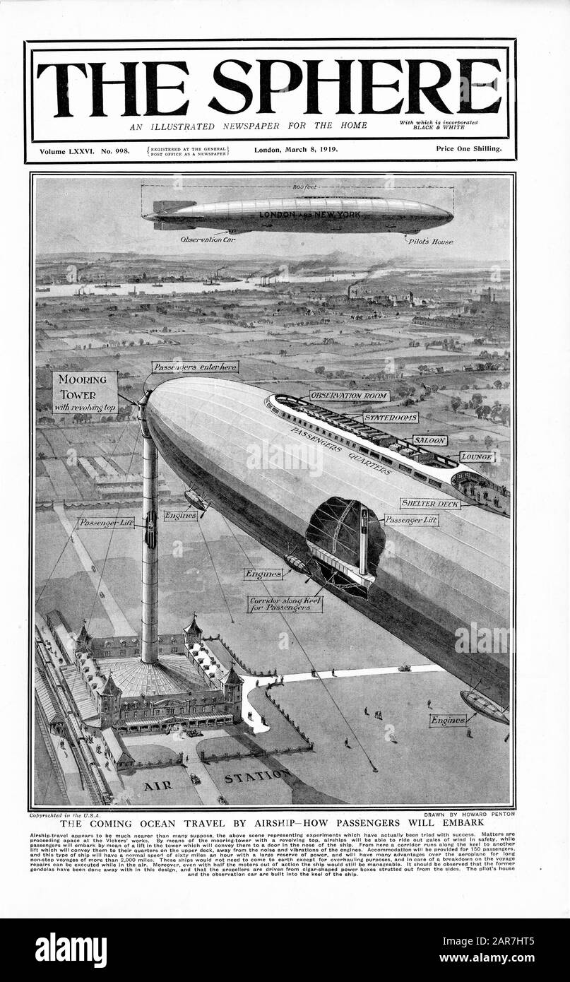 The Sphere article - March 8 1919 The coming ocean travel by airship. How passengers will embark. 4667 x 2898 pixels. 300 dpi. Stock Photo