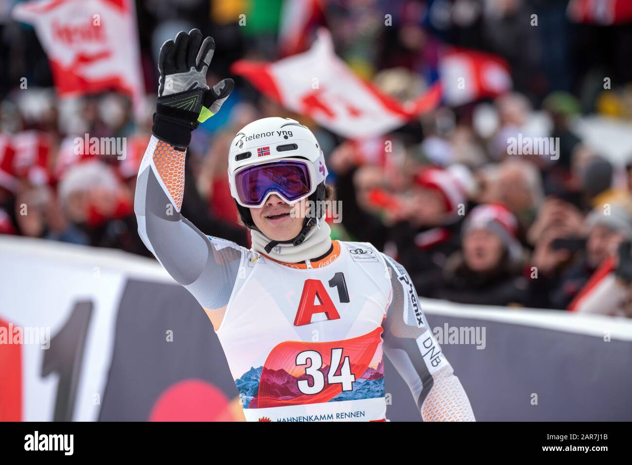 KITZBUEHEL, AUSTRIA - JANUARY 26: Cheers and joy about 4th place at Lucas Braathen of Norway at the Ski Alpin: 80. Hahnenkamm Race 2020 - Audi FIS Alpine Ski World Cup - Men's Slalom at the Ganslern on January 26, 2020 in Kitzbuehel, AUSTRIA.(Horst Ettensberger/ESPA-Images) Stock Photo