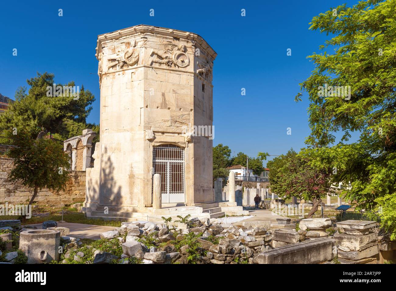 Tower of Winds or Aerides on Roman Agora, Athens, Greece. It is one of the main landmarks of Athens. Scenery of Ancient Greek ruins in Athens centre a Stock Photo