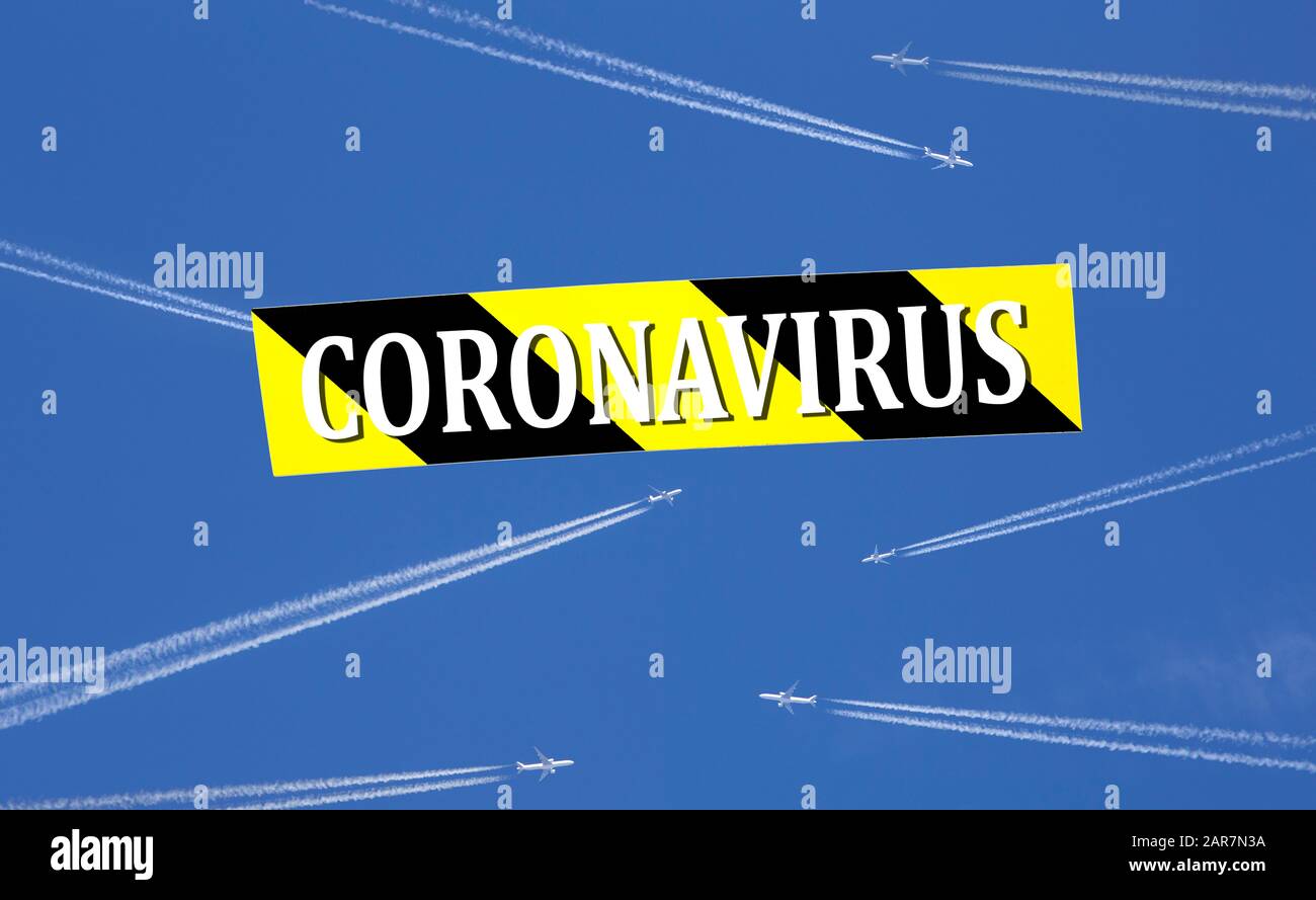 Lot of passenger airplanes fly in air, novel coronavirus (2019-nCoV) spreading the world between people concept. Stock Photo