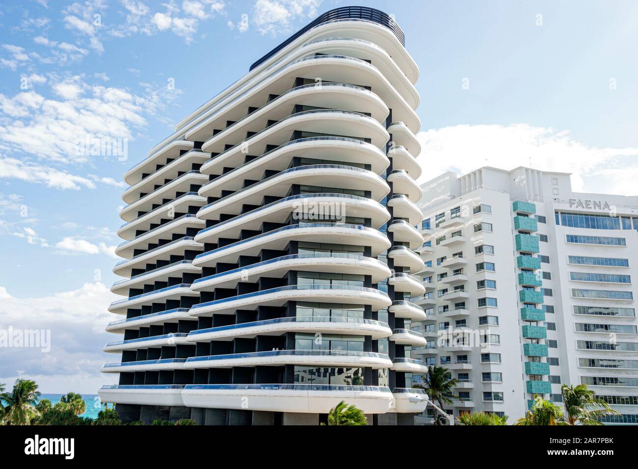 Miami Beach Florida,Collins Avenue,Faena District,residential luxury condominium,high rise,contemporary architecture,Casa Faena,historic hotel,preserv Stock Photo