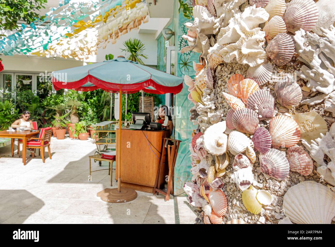 Miami Beach Florida,Collins Avenue,Faena District,cultural neighborhood,Faena Hotel,luxury five-star hotel,poolside bar restaurant,column,seashells sh Stock Photo