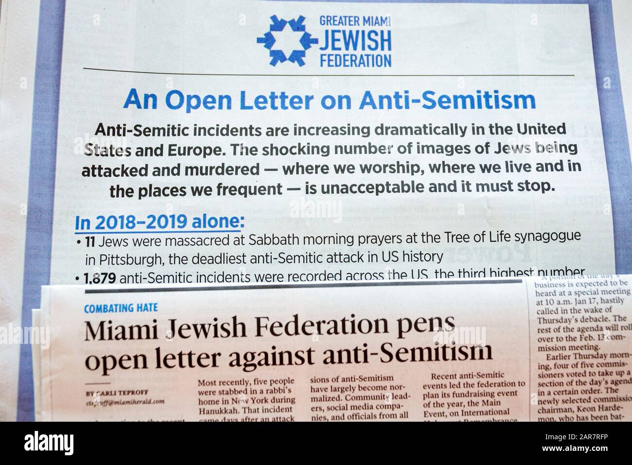 Miami Beach Florida,Miami Herald newspaper,anti-Semitism open letter,Greater Miami Jewish Federation,terrorism shooting shootings massacre massacres a Stock Photo