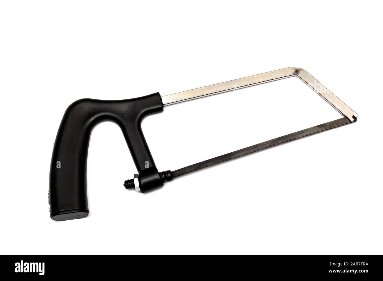 Saw with black plastic handle isolated on white background Stock Photo