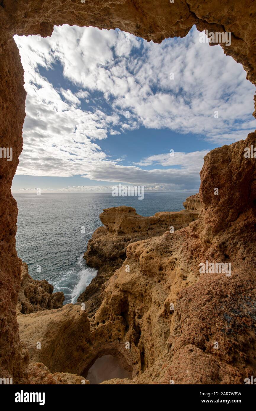 Atlantic Ocean seascape viewed from Algar Seco rock formations, Carvoeiro, Algarve, Portugal Stock Photo