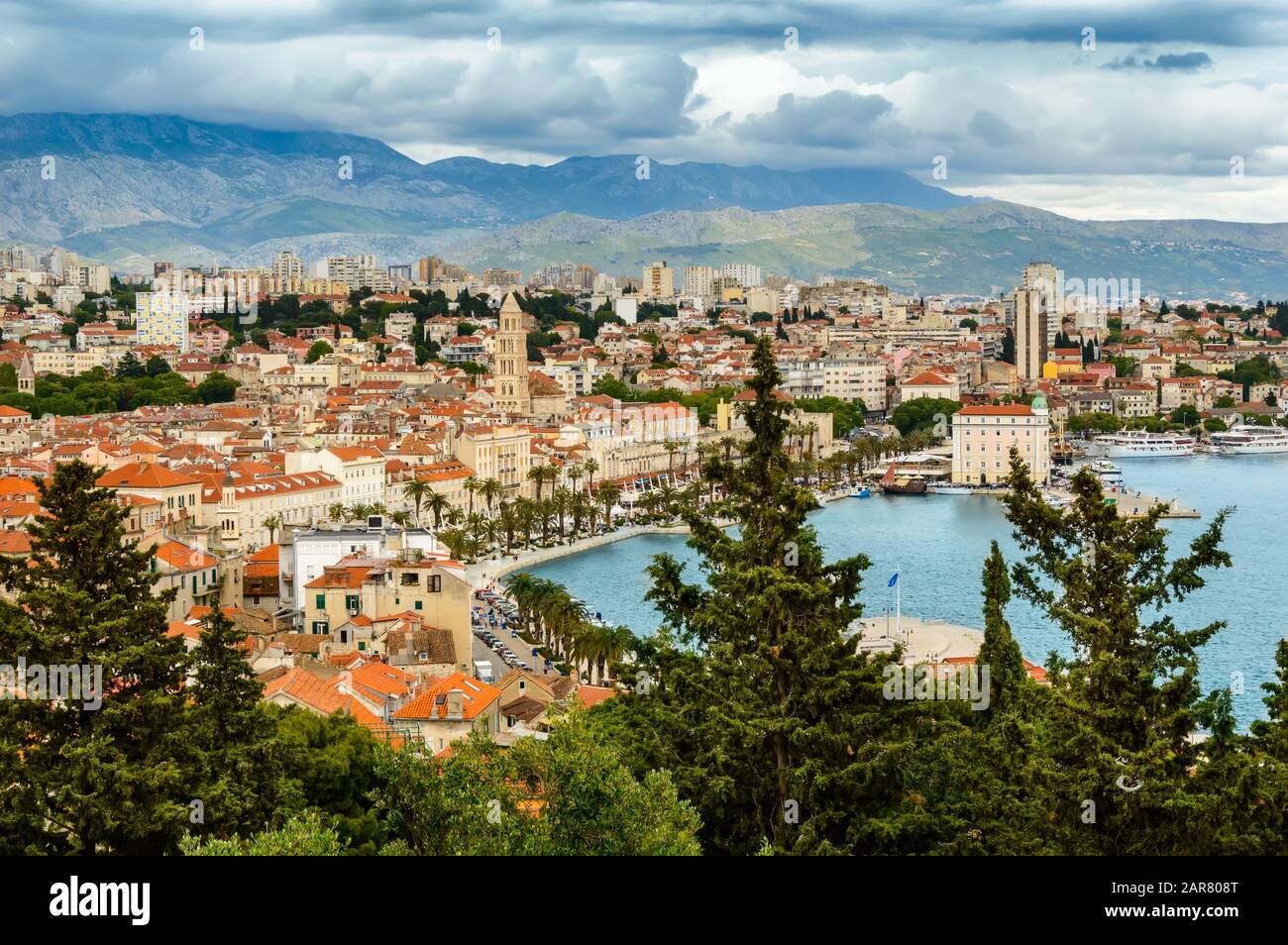 Split, Croatia: Panoramic view of Split city from Marjan Hill, showing the old town, harbor, and islands
