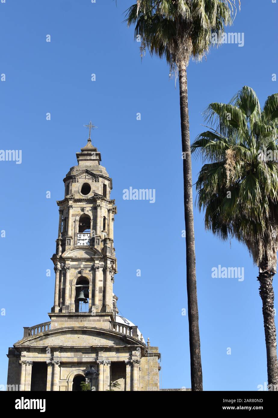 The church of San Jose de Gracia in Guadalajara, with a pair of nearby palm trees. Stock Photo