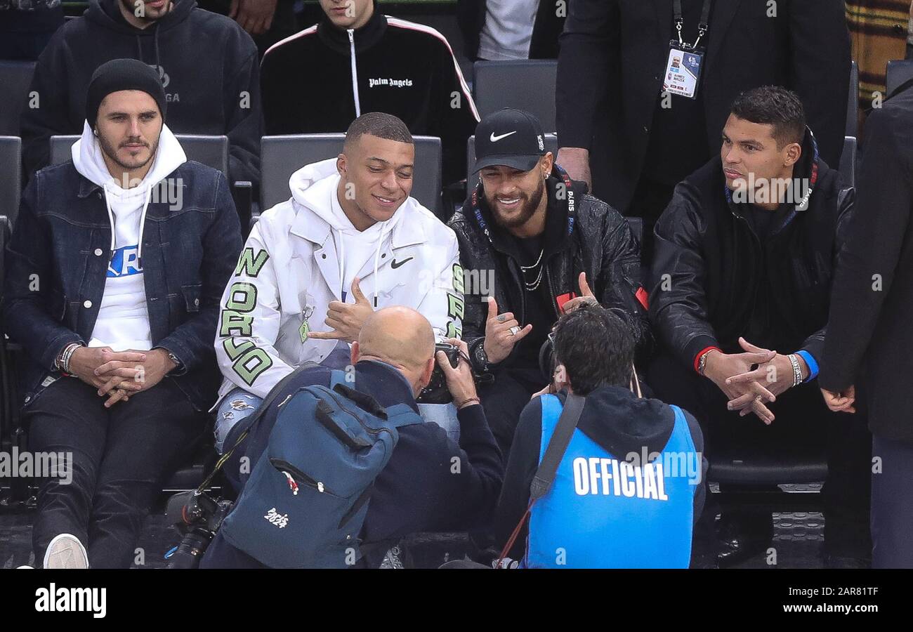 Kylian M'Bappé , Neymar jr and Thiago Silva during the NBA Paris Game 2020  basketball match between Milwaukee Bucks and Charlotte Hornets on January  24, 2020 at AccorHotels Arena in Paris, France -
