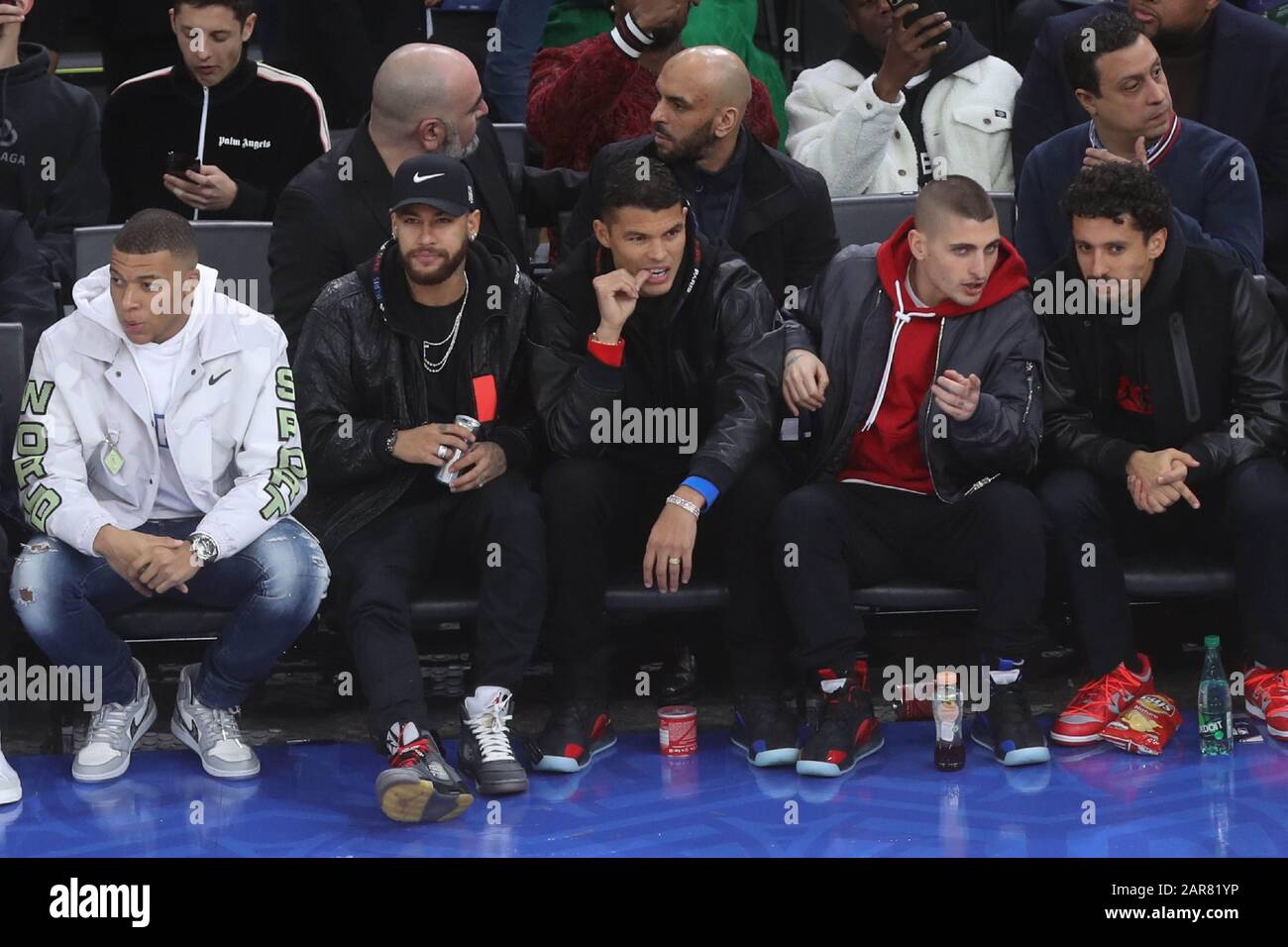 Kylian M'Bappé , Neymar jr , Thiago Silva , Marco Verratti and Marquinhos during the NBA Paris Game 2020 basketball match between Milwaukee Bucks and Charlotte Hornets on January 24, 2020 at AccorHotels Arena in Paris, France - Photo Laurent Lairys / DPPI Stock Photo