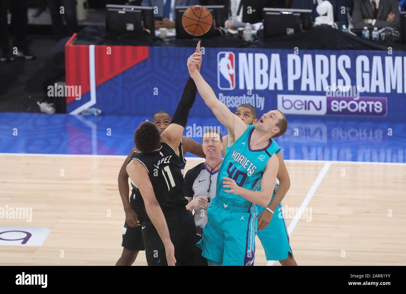 Cody Zeller of Charlotte Hornets and Brook Lopez of Milwaukee Bucks during  the NBA Paris Game 2020 basketball match between Milwaukee Bucks and  Charlotte Hornets on January 24, 2020 at AccorHotels Arena