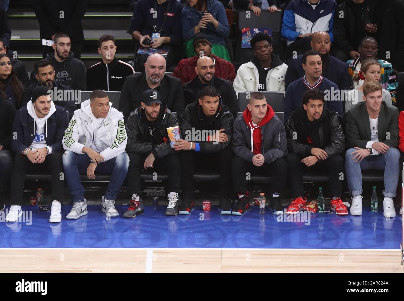 Kylian M'Bappé , Neymar jr , Thiago Silva , Marco Verratti , Marquinhos and Kevin Mayer during the NBA Paris Game 2020 basketball match between Milwaukee Bucks and Charlotte Hornets on January 24, 2020 at AccorHotels Arena in Paris, France - Photo Laurent Lairys / DPPI Stock Photo