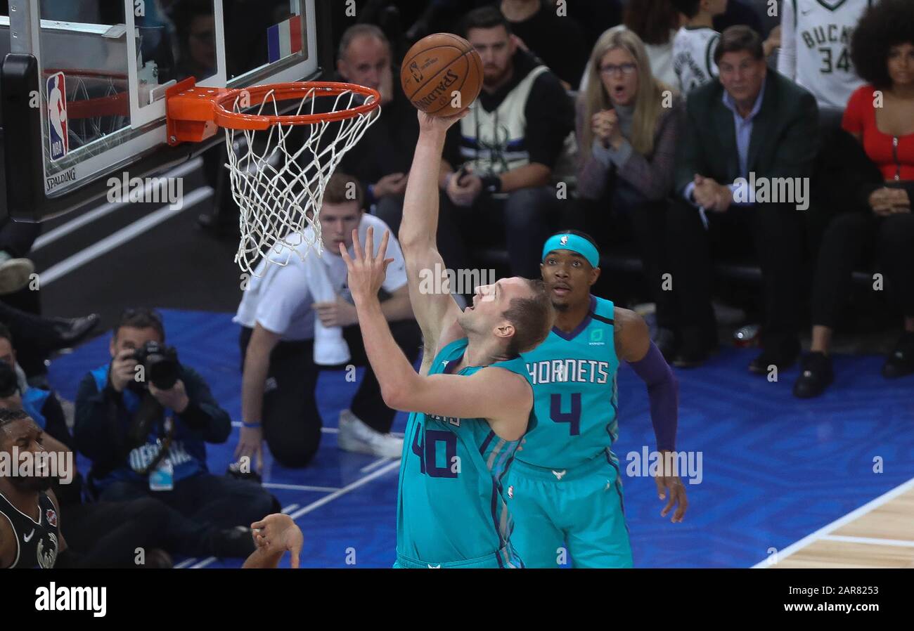 Devonte' Graham , Cody Zeller of Charlotte Hornets during the NBA Paris  Game 2020 basketball match between Milwaukee Bucks and Charlotte Hornets on  January 24, 2020 at AccorHotels Arena in Paris, France -