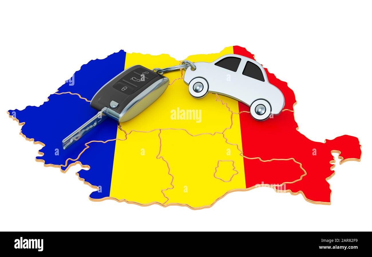 Sale or rent car in Romania concept, 3D rendering isolated on white