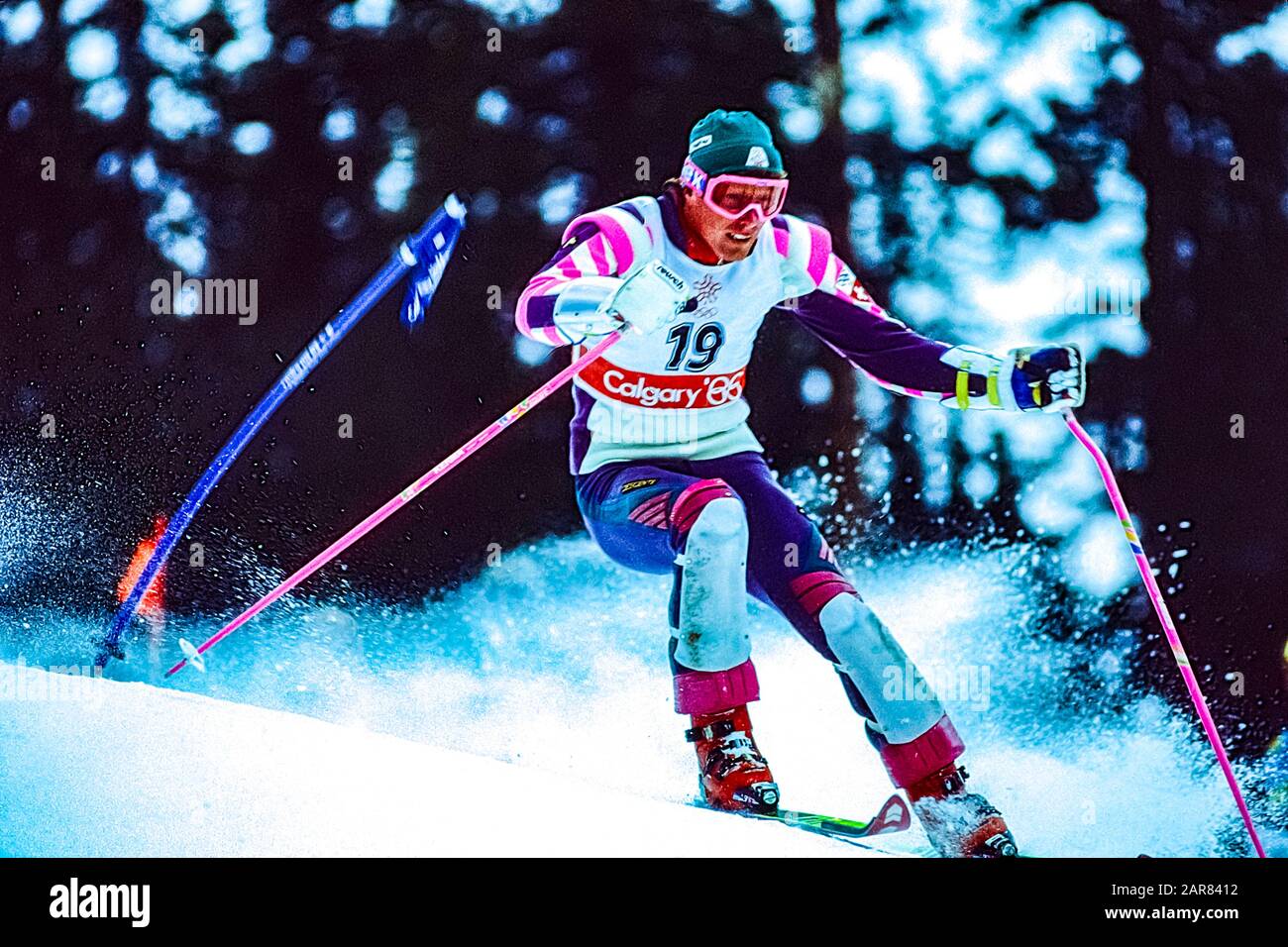 Pirmin Zurbriggen of Switzerland competing in the slalom at the 1988 Olympic Winter Games. Stock Photo