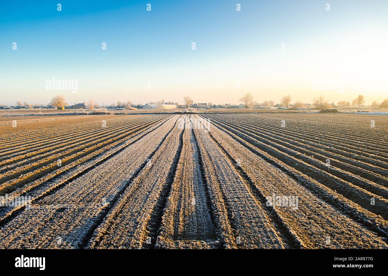 Prepared winter farm field for spring season agrocultural work. Choosing right time for sow fields, plant seeds, protection from spring frosts. Agricu Stock Photo