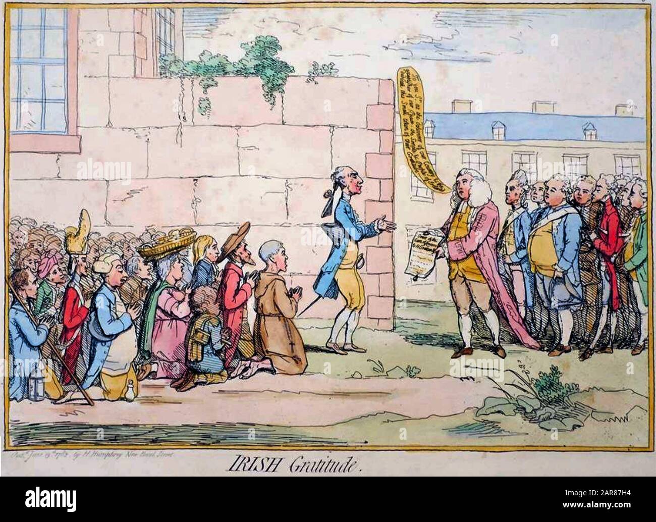 IRISH GRATITUDE by James Gillray, June 1782. Henry Grattan standing at left accepting the £100,000 (later reduced to £50,000) voted to him in the Irish Parliament for his services of securing Irish independence. Stock Photo