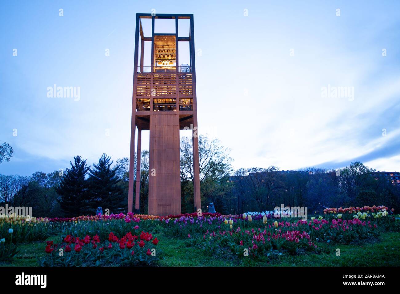 ARLINGTON, VA - APRIL 27, 2018: Netherlands Carillon monument near to Arlington National Cemetery with 50 bells on the tower during evening Stock Photo