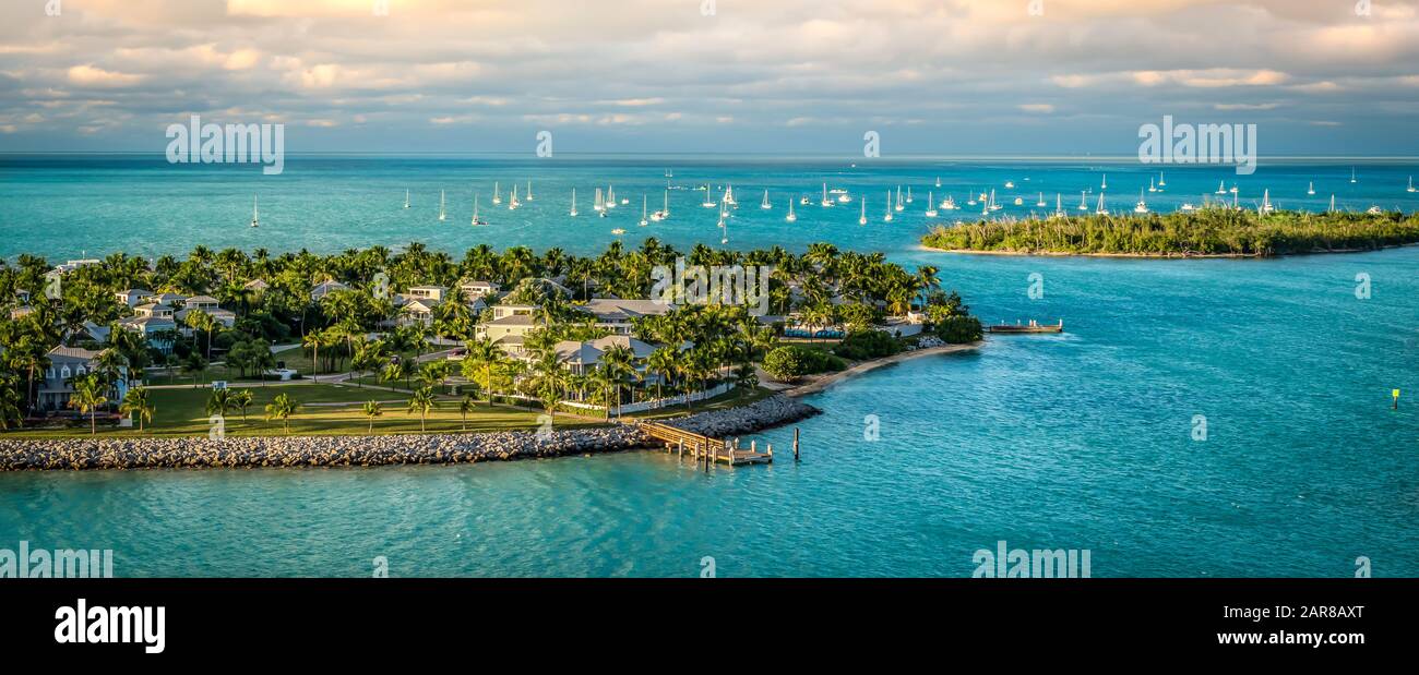 Panoramic sunrise landscape view of the small Islands Sunset Key and Wisteria Island of the Island of Key West, Florida Keys. Stock Photo