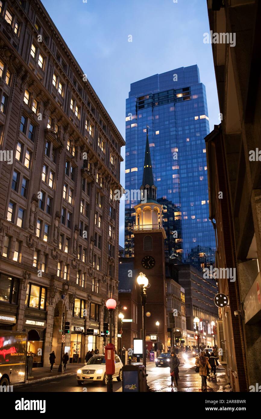 Evening at the Old South Meeting House on Washington Street in downtown Boston, Massachusetts, USA. The Millennium Tower is in the background. Stock Photo