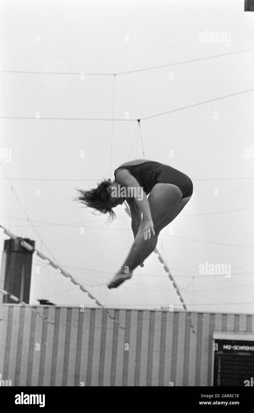 Dutch swimming championships 1968  Women's jumping, 3 meters, champion Mariette Dommers in action Date: August 4, 1968 Location: Utrecht (prov.), Utrecht (city) Keywords: championships, championships Swimming competitions Personal name: Mariette Dummers Stock Photo