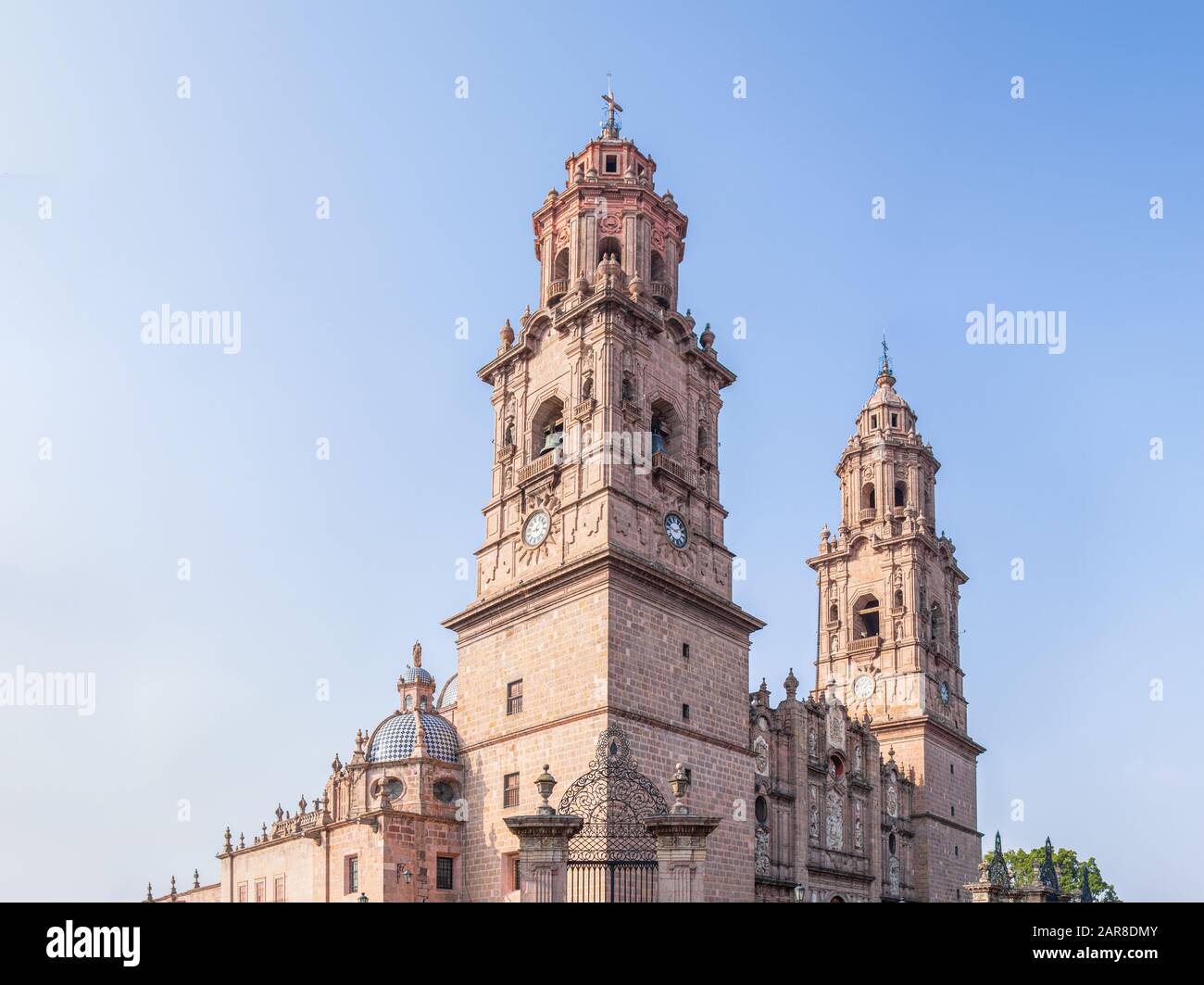 The towers of the Morelia Cathedral against a blue sky, in the Mexican state of Michoacan Stock Photo