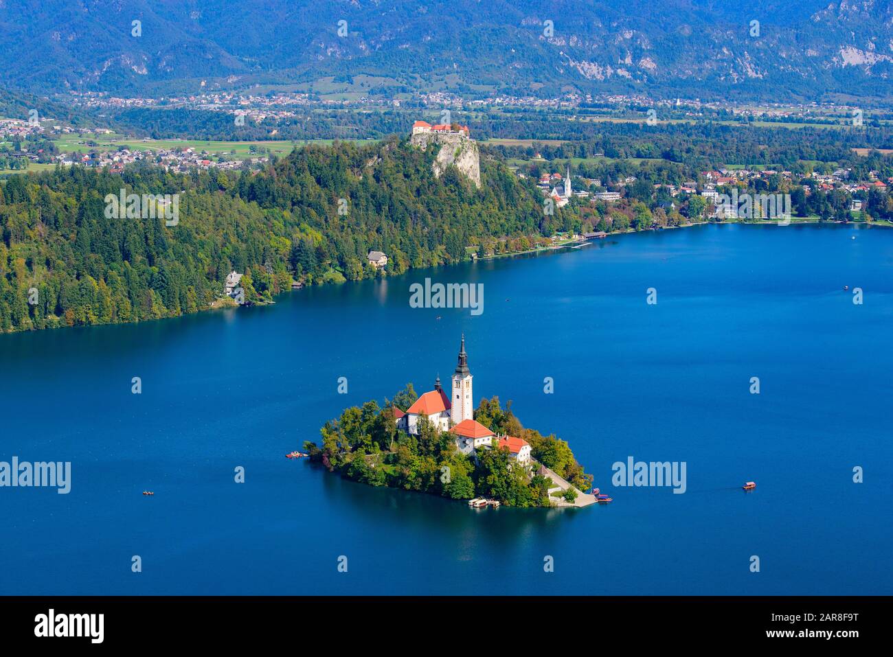 Aerial view of Bled Island and Lake Bled from Osojnica Hill, a popular tourist destination in Slovenia Stock Photo