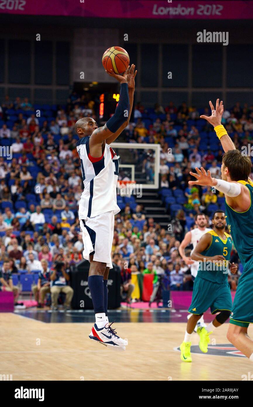London, UK. 8 August 2012.  File photo of US Basketball star Kobe Bryant competing for Team USA against Australia during the quarterfinals of the basketball tournament at the London Olympics in 2012.  Bryant along with his 13 year old daughter, Gianna was killed in a helicopter crash in Calabasas, California on Sunday, January 26, 2019 Stock Photo