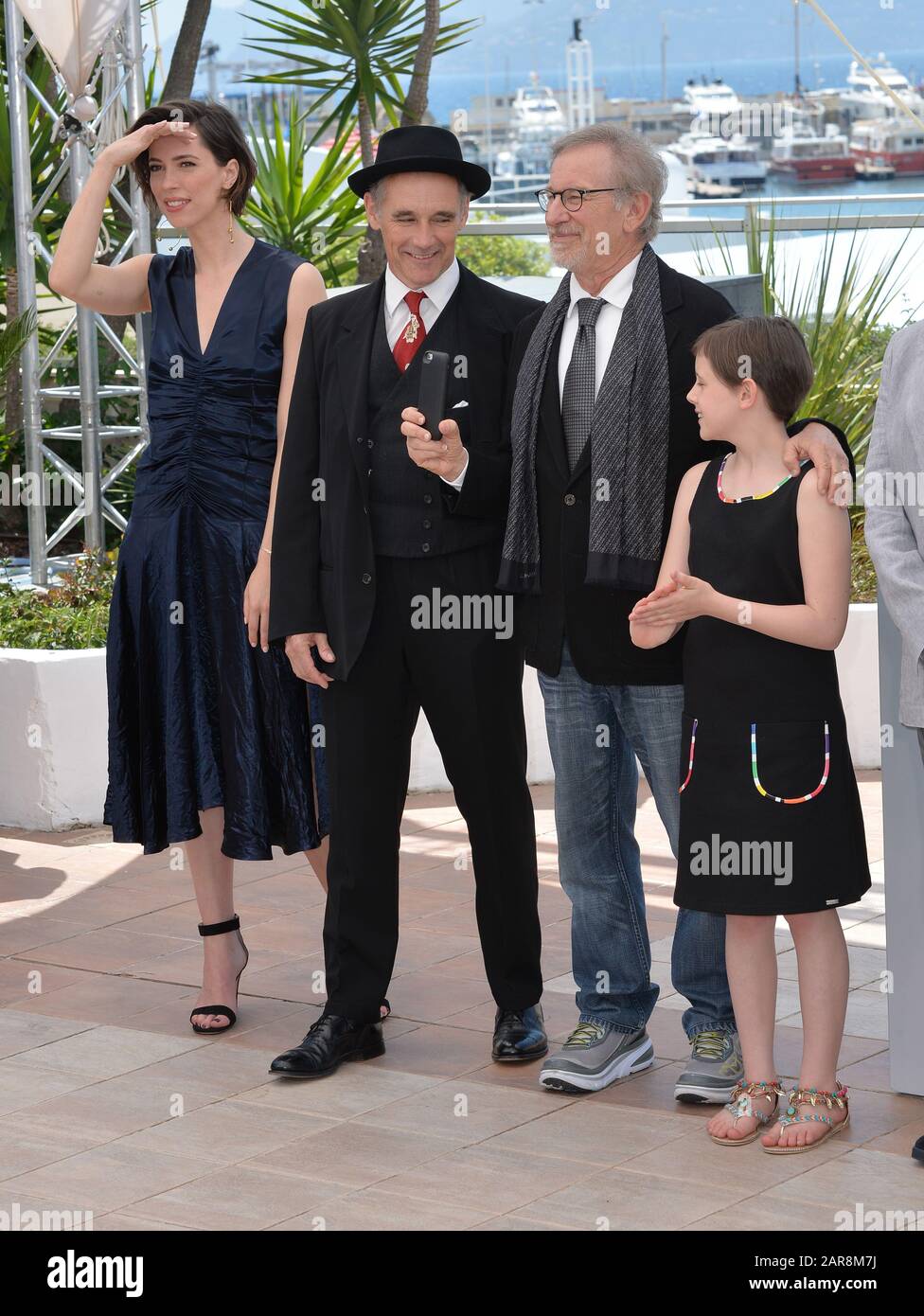 CANNES, FRANCE - MAY 14, 2016: Actors Rebecca Hall, Mark Rylance,Ruby Barnhill & director Steven Spielberg at the photocallThe BFG' at the 69th Festival de Cannes. Stock Photo