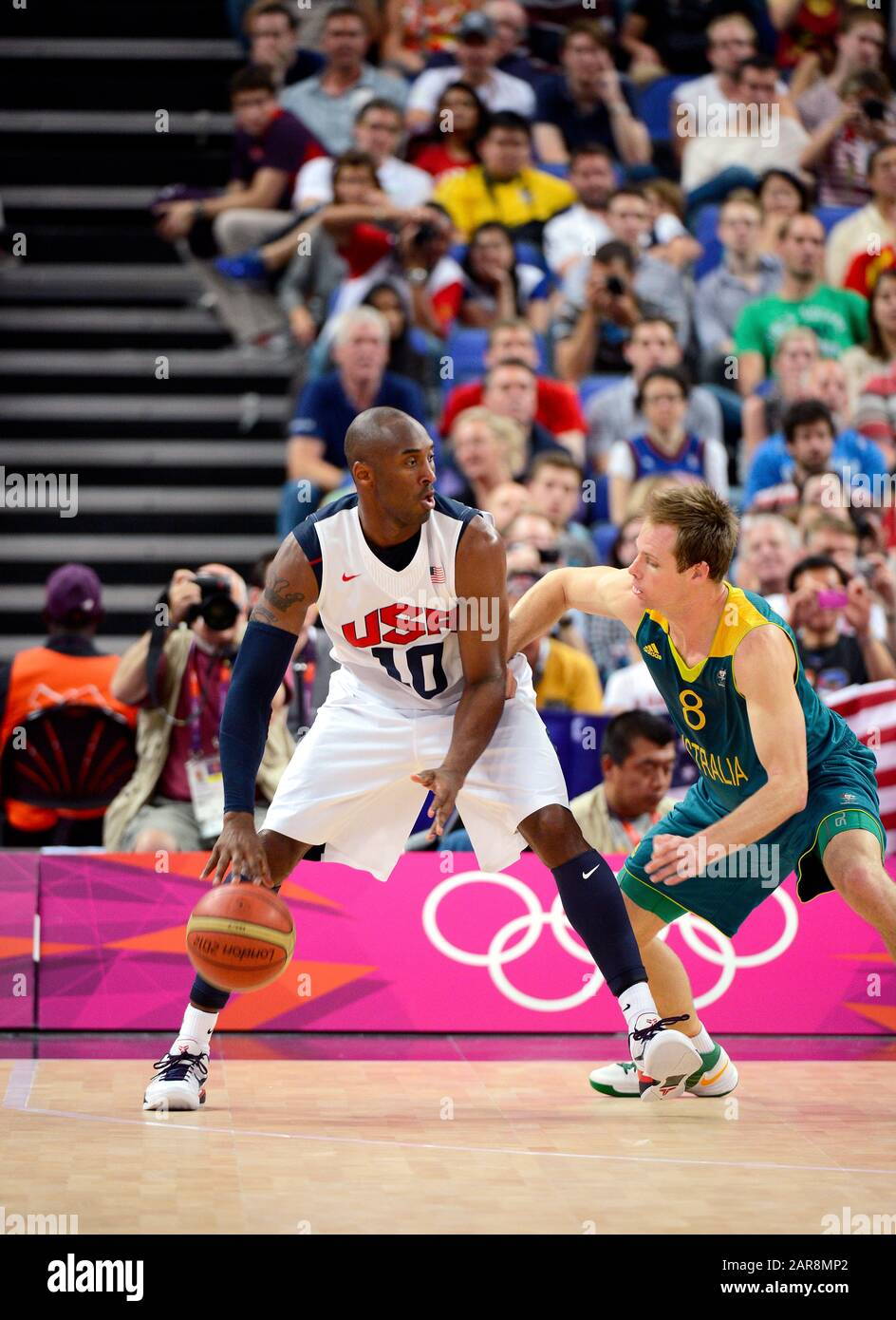 London, UK. 8 August 2012.  File photo of US Basketball star Kobe Bryant competing for Team USA against Australia during the quarterfinals of the basketball tournament at the London Olympics in 2012.  Bryant along with his 13 year old daughter, Gianna was killed in a helicopter crash in Calabasas, California on Sunday, January 26, 2019 Stock Photo