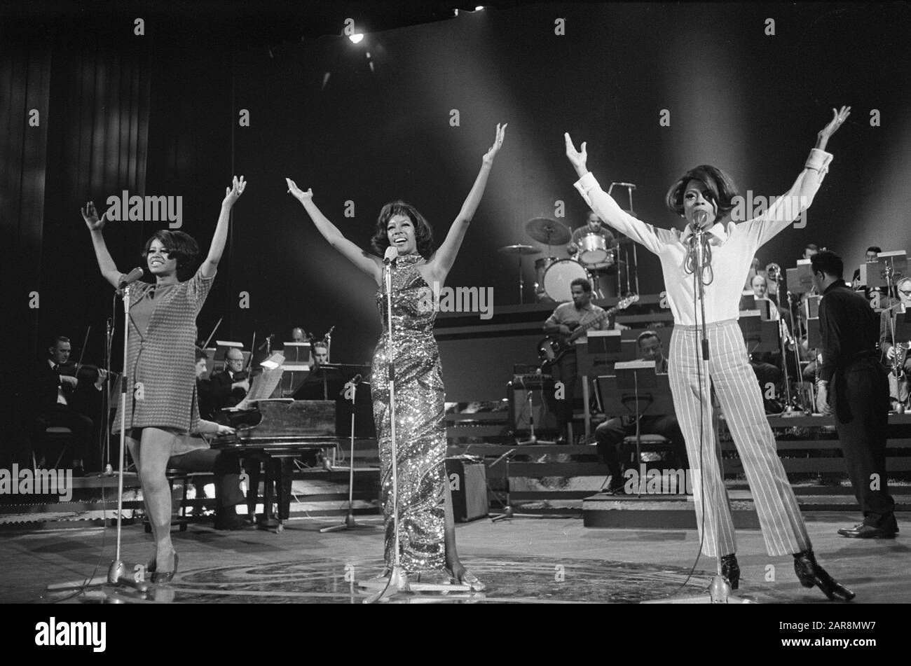 Diana Ross & The Supremes rehearsing in RAI Amsterdam (AVRO-television). L-R: Cindy Birdsong, Mary Wilson, Diana Ross.; Stock Photo