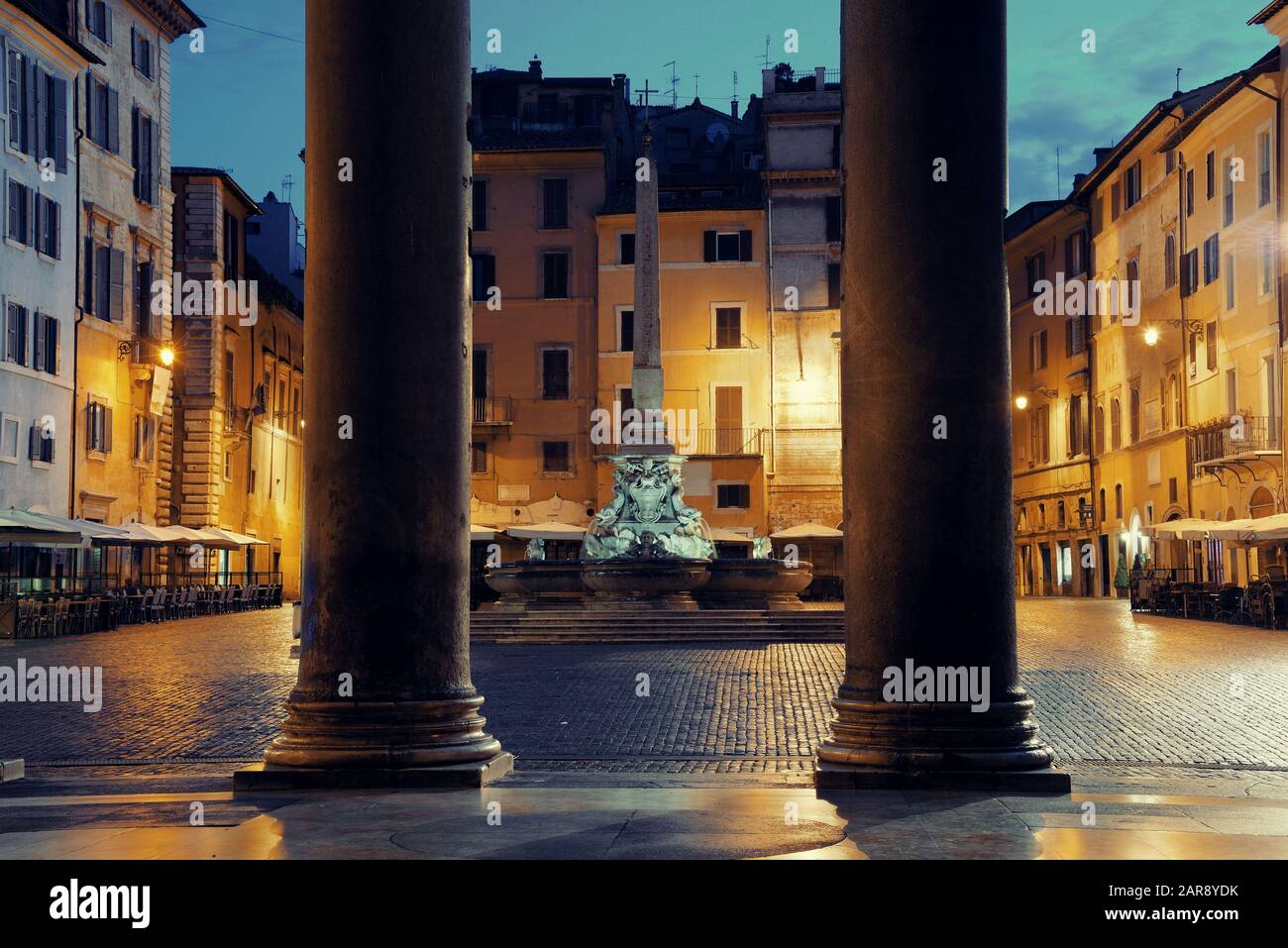 Street view from Pantheon at night. It is one of the best-preserved Ancient Roman buildings in Rome, Italy. Stock Photo