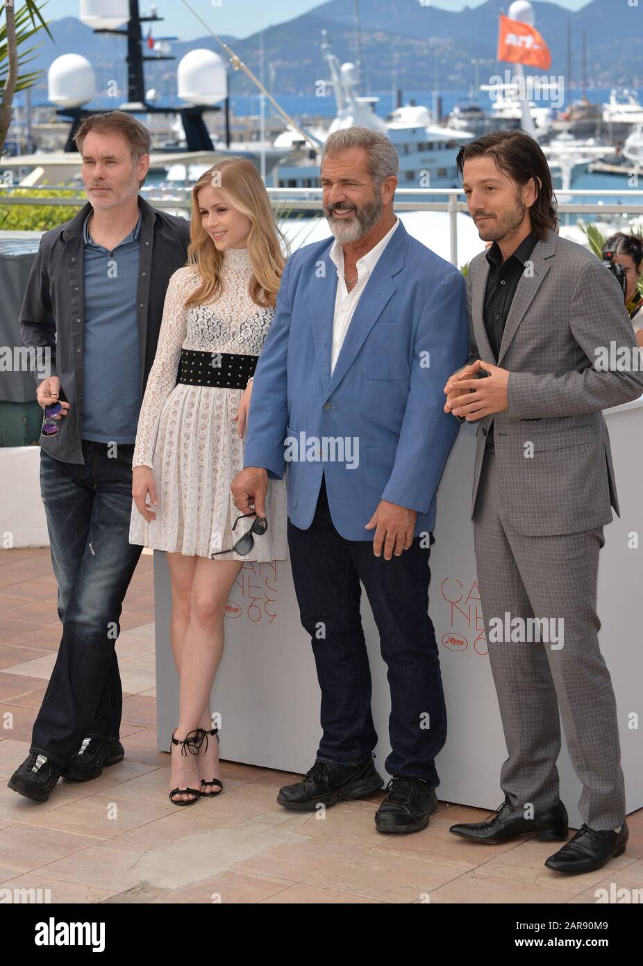 CANNES, FRANCE - MAY 21, 2016: Director Jean-Francois Richet & actors Mel Gibson, Erin Moriarty & Diego Luna at the photocall for 'Blood Father' at the 69th Festival de Cannes. Stock Photo