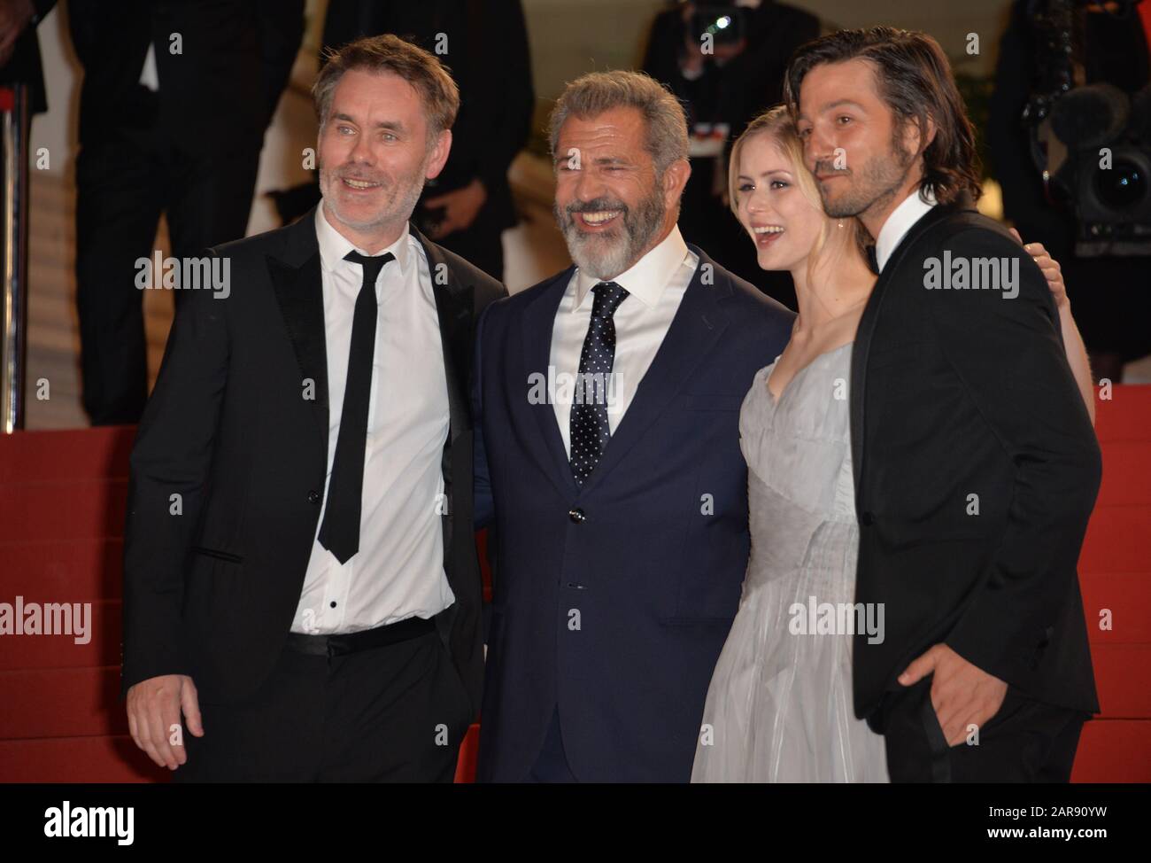 CANNES, FRANCE - MAY 22, 2016: Director Jean-Francois Richet & actors Mel Gibson, Diego Luna & Erin Moriarty at the gala premiere for 'Blood Father' at the 69th Festival de Cannes. Stock Photo