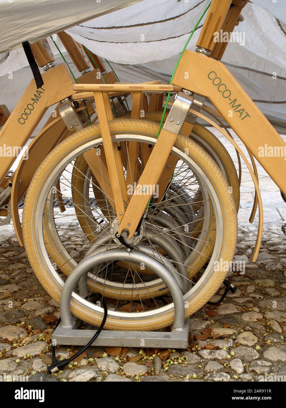 Coco-Mat wooden bikes in Corfu Town, Kerkyra, Greece Stock Photo - Alamy
