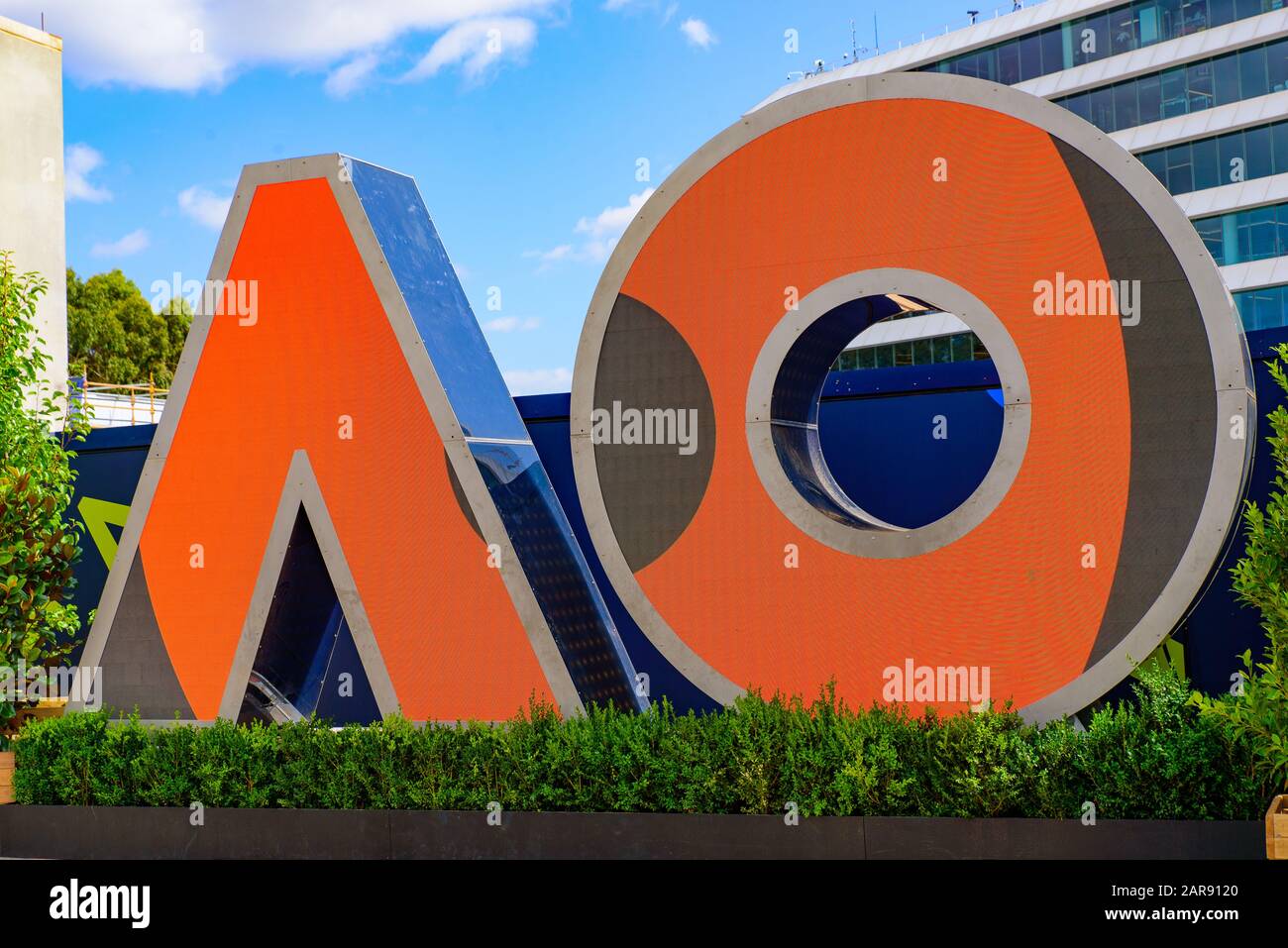 Logo of Australian Open 2020 at Melbourne Park, Melbourne, Australia Stock Photo