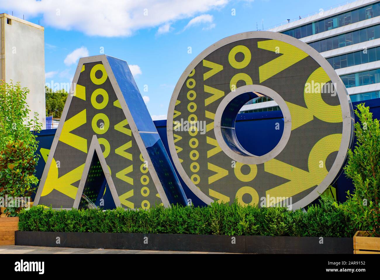 Logo of Australian Open 2020 at Melbourne Park, Melbourne, Australia Stock Photo