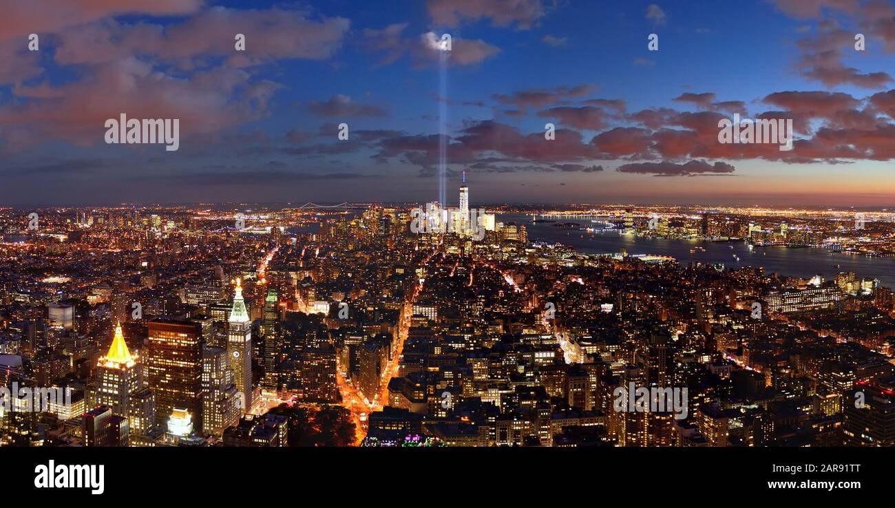 New York City downtown skyline panorama night view with September 11 ...