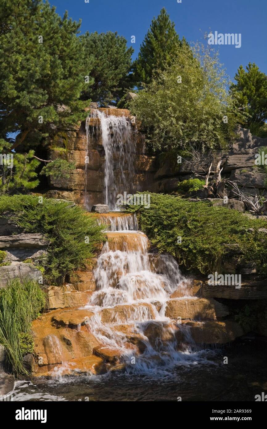Cascading waterfall bordered by coniferous and deciduous trees, perennial plants and shrubs in the Alpine garden in summer, Montreal Botanical Garden Stock Photo