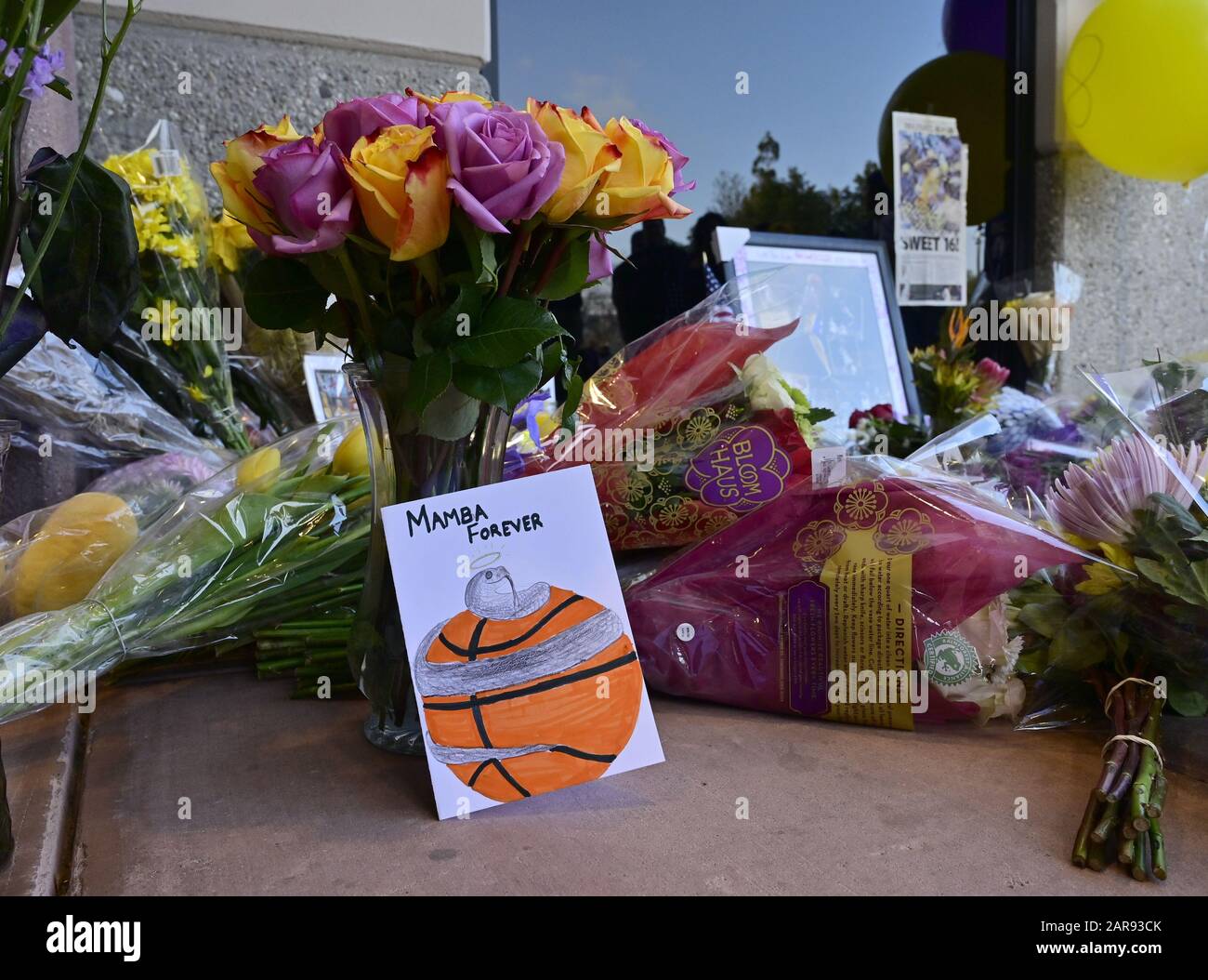 FILE Calabasas, United States. 26th Jan, 2020. Flowers lie outside the